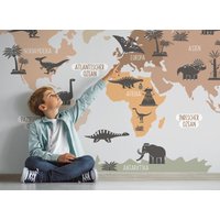 Dinosaurier Weltkarte Wallpaper Zum Abziehen Und Aufkleben, Wandtattoo, Wandaufkleber Weltkarte, Jurassic World Kinderzimmer von osomhome