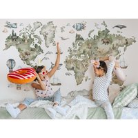 Weltkarte Wandtattoo Für Kinder, Kinderzimmerdekor, Aquarell, Wandaufkleber von osomhome
