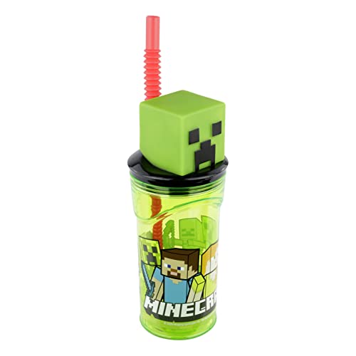 P:os 33198 - Trink-Becher für Kinder mit Strohhalm und Deckel, durchsichtig, inkl. 3D-Figur im Minecraft Design, ca. 360 ml, Plastik-Becher to-go, bpa- und phthalatfrei von p:os