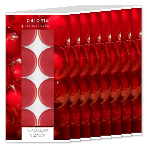 pajoma® Teelichte 8er Pack, Granatapfel | 64 Duft-Teelichte in Aluminiumhülle, Brenndauer ca. 4 Stunden - Höhe 1,5 cm ø 3,5 cm | Premium Qualität | Deko, Gastronomie, Outdoor, Windgläser, Hochzeit von pajoma