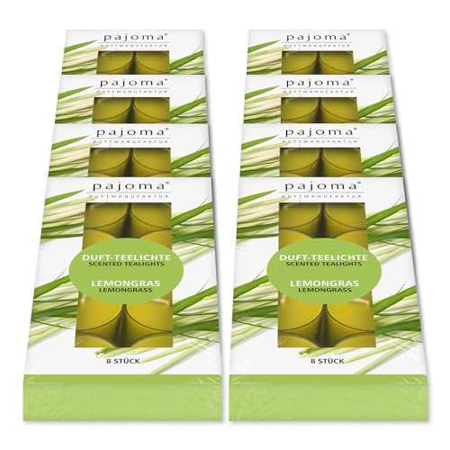 pajoma® Teelichte 8er Pack, Lemongras | 64 Duft-Teelichte in Polycarbonathülle, Brenndauer ca. 4 Stunden - Höhe 1,5 cm ø 3,5 cm | Premium Qualität | Deko, Gastronomie, Outdoor, Windgläser, Hochzeit von pajoma