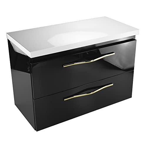 paplinskimoebel Waschtischschrank mit Arbeitsplatte für Waschbecken - praktisch mit Zwei Schubladen - Waschtisch Badschrank 80 cm -modern goldene Griffe - Hochglanz Schwarz von paplinskimoebel