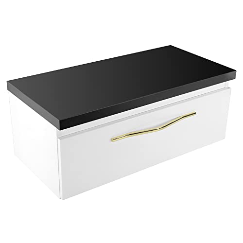 paplinskimoebel Merida Waschbeckenunterschrank hängend 80cm breit, Badschrank mit Schublade, Badmöbel mit wasserfestem PVC-Furnier, Goldfarbener Metallgriff, Glamour-Stil, Weiss + Schwarz von paplinskimoebel