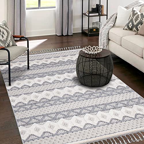 payé Teppich Wohnzimmer - Geometrische Muster - 200x290cm Grau Blau - Fransen Deko Boho Flauschig - Cut & Loop Sisal - Schlafzimmer Flur Dekoration Läufer - Orientalische Teppiche von payé