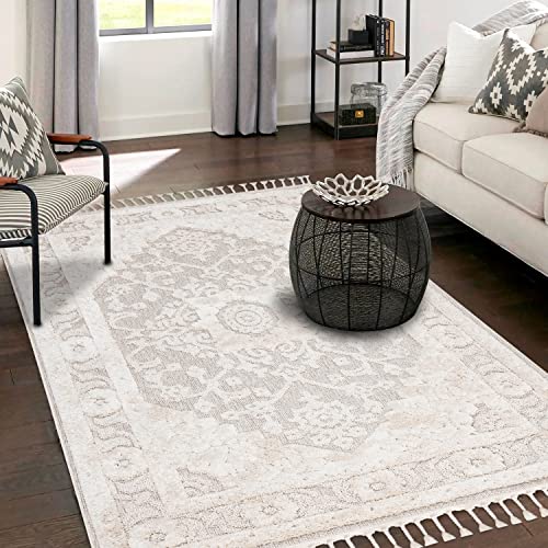 payé Teppich Wohnzimmer - Ornamente Bordüre - 200x290cm Creme - Fransen Deko Boho Flauschig - Cut & Loop Sisal - Schlafzimmer Flur Dekoration Läufer - Hochtief Effekt von payé