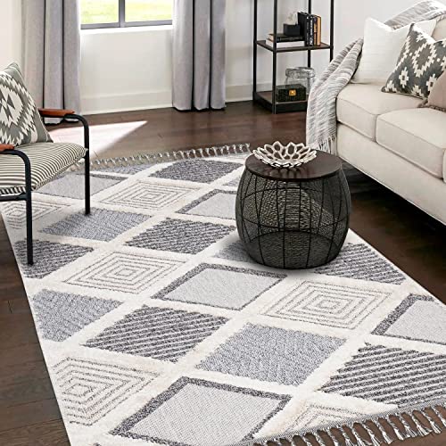 payé Teppich Wohnzimmer - Raute Muster - 200x290cm Creme Grau Blau - Fransen Deko Boho Flauschig - Cut & Loop Sisal - Schlafzimmer Flur Dekoration Läufer - Orientalische Teppiche von payé