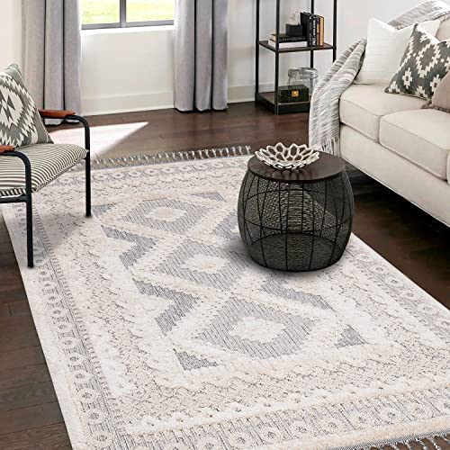 payé Teppich Wohnzimmer Vintage - 200x290cm Creme Grau - Fransen Deko Boho Flauschig - Cut & Loop Sisal - Schlafzimmer Flur Dekoration Läufer - Orientalische Teppiche von payé