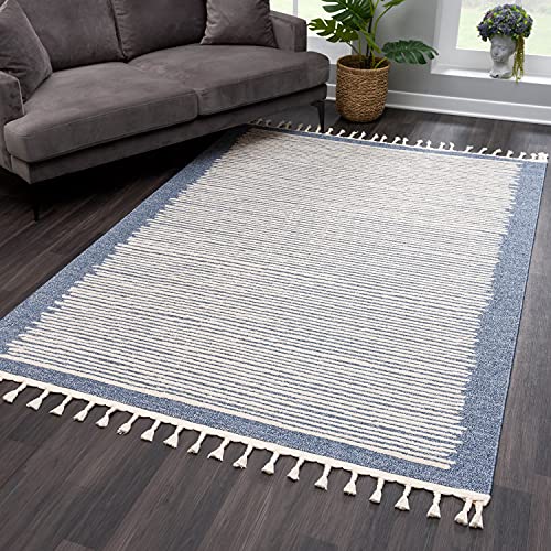 payé Teppich Wohnzimmer mit Fransen Deko Boho - Blau Cream-Streifen - 120x170cm - Kurzflor Schlafzimmer Flur Dekoration Läufer - Skandinavische Teppiche von payé