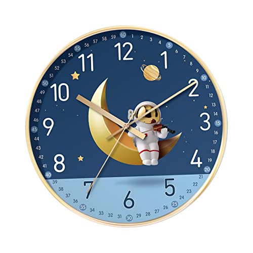 perfk Kreative -Wanduhr, leise, Rahmen, analoge, Nicht tickende Uhr, 20,3 cm, für Büro, Kinderzimmer, Schlafzimmer, Kinder, Astronaut Mond von perfk