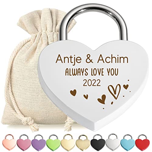 Herz-Schloss Liebesschloss Vorhängeschloss personalisierte Gravur Weiß - Motiv Always love you - mit Schlüssel - Stoffbeutel - Metall eloxiert - Valentinstag - Paar-Geschenk - love, liebe von polar-effekt