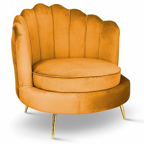 postergaleria Sessel mit Muschel Rückenlehne, Sessel honigfarben - mit goldene Beine, mit tiefer Sitzfläche, in Samtstoff, 97 x 96 x 76 cm - Sessel Wohnzimmer, Schlafzimmer Deko, Schminktisch Stuhl von postergaleria