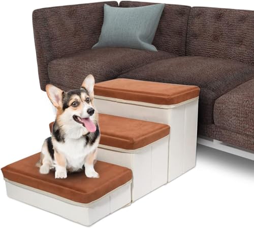 powerking Hundetreppe 3 Stufen, Faltbare Haustiertreppe für Sofa & Bett, Abnehmbar Tiertreppe Klappbar mit Aufbewahrungsbox, Multifunktionale Haustierleiter für Kleine Hunde Katzen (Braun) von powerking