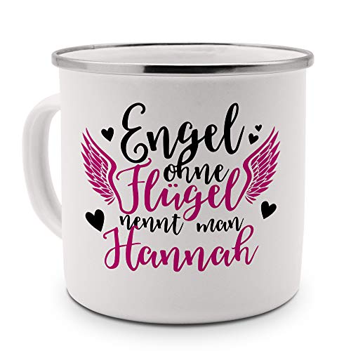 printplanet - Emaille-Tasse mit Namen Hannah - Metallbecher mit Design Engel - Nostalgie-Becher, Camping-Tasse, Blechtasse, Farbe Silber, 400ml von printplanet