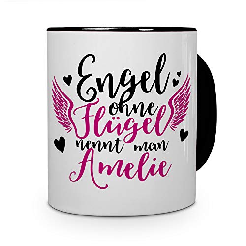 printplanet Tasse mit Namen Amelie - Motiv Engel - Namenstasse, Kaffeebecher, Mug, Becher, Kaffeetasse - Farbe Schwarz von printplanet