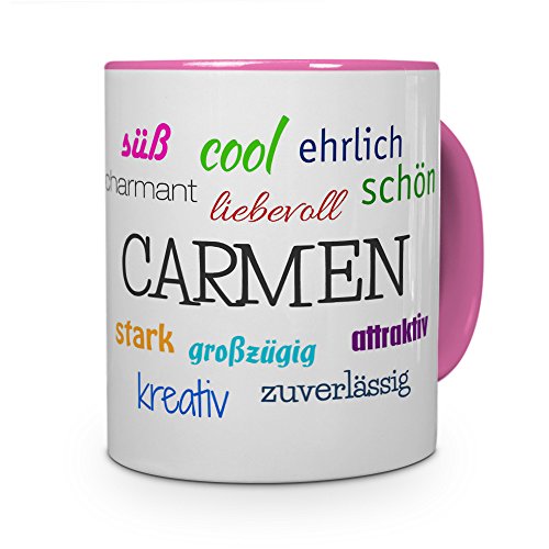 printplanet Tasse mit Namen Carmen - Positive Eigenschaften von Carmen - Namenstasse, Kaffeebecher, Mug, Becher, Kaffeetasse - Farbe Rosa von printplanet