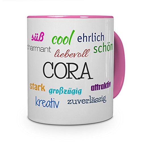 printplanet Tasse mit Namen Cora - Positive Eigenschaften von Cora - Namenstasse, Kaffeebecher, Mug, Becher, Kaffeetasse - Farbe Rosa von printplanet