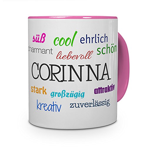 printplanet Tasse mit Namen Corinna - Positive Eigenschaften von Corinna - Namenstasse, Kaffeebecher, Mug, Becher, Kaffeetasse - Farbe Rosa von printplanet