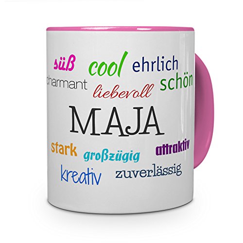 printplanet Tasse mit Namen Maja - Positive Eigenschaften von Maja - Namenstasse, Kaffeebecher, Mug, Becher, Kaffeetasse - Farbe Rosa von printplanet