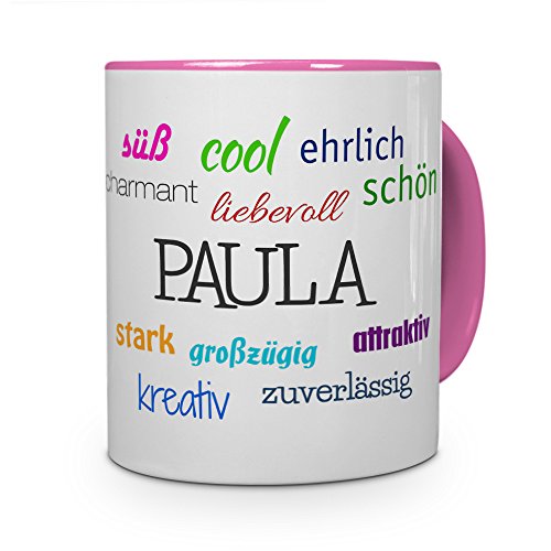 printplanet Tasse mit Namen Paula - Positive Eigenschaften von Paula - Namenstasse, Kaffeebecher, Mug, Becher, Kaffeetasse - Farbe Rosa von printplanet