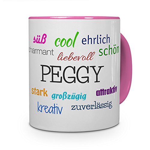 printplanet Tasse mit Namen Peggy - Positive Eigenschaften von Peggy - Namenstasse, Kaffeebecher, Mug, Becher, Kaffeetasse - Farbe Rosa von printplanet