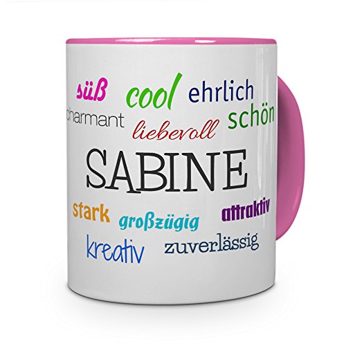 printplanet Tasse mit Namen Sabine - Positive Eigenschaften von Sabine - Namenstasse, Kaffeebecher, Mug, Becher, Kaffeetasse - Farbe Rosa von printplanet