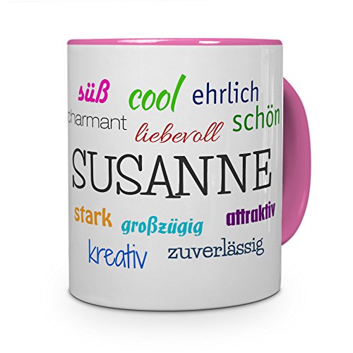 printplanet Tasse mit Namen Susanne - Positive Eigenschaften von Susanne - Namenstasse, Kaffeebecher, Mug, Becher, Kaffeetasse - Farbe Rosa von printplanet