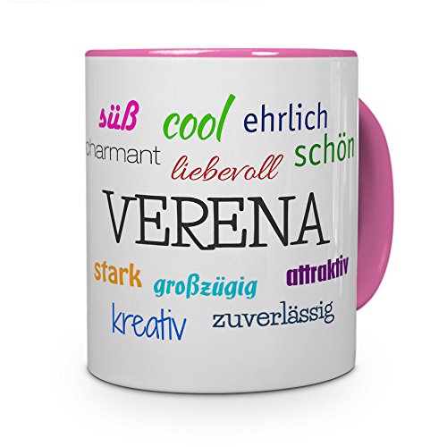 printplanet Tasse mit Namen Verena - Positive Eigenschaften von Verena - Namenstasse, Kaffeebecher, Mug, Becher, Kaffeetasse - Farbe Rosa von printplanet