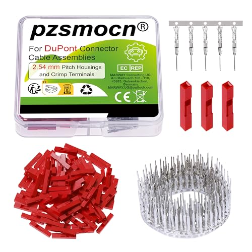 Pzsmocn 200 Stück/100 Sätze 2,54 mm Rastermaß 1 Poliger Elektrischen Kabel & Anschlüsse Adapter Buchse Einreihiges Rotes Kunststoffgehäuse und Männliches Crimp Klemmen Kit für DuPont Kabelverbinder. von pzsmocn