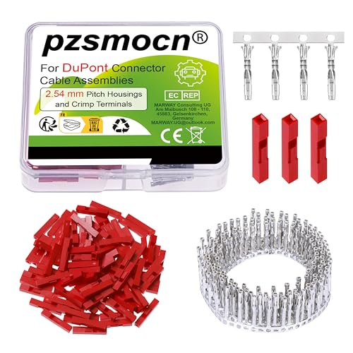 Pzsmocn 200 Stück/100 Sätze 2,54 mm Rastermaß 1 Poliger Elektrischen Kabel & Anschlüsse Adapter Buchse Einreihiges Rotes Kunststoffgehäuse und Weibliches Crimp Klemmen Kit für DuPont Kabelverbinder. von pzsmocn