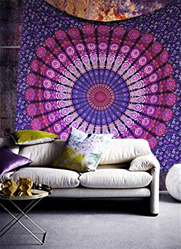 raajsee Indische Baumwolle lila Wandteppich Mandala Wandbehänge, Hippie Tapisserien, Boho Überwurf Bohemian Bettwäsche, Stranddecke, Yoga Meditation Teppiche Queen Tagesdecke 210x220 cm - A von raajsee