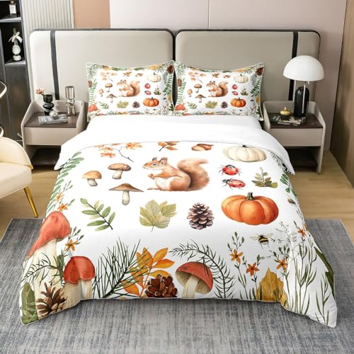 Nettes Eichhörnchen 100% Natur Baumwolle Bettbezug Pilz Kürbis Ahorn Blatt Tröster Bezug 135x200 mit 1 Kissenbezug Herbst Thema Bettwäsche Set von richhome