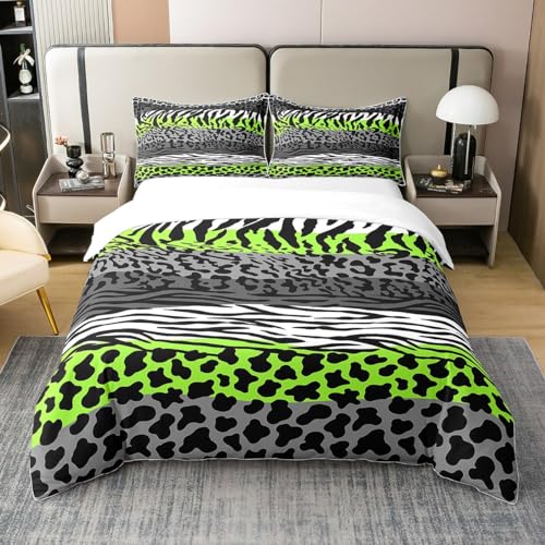 richhome 100% Natur Baumwolle Bettbezug 135x200, Grün Grau Geparden Zebra Haut Tröster Bezug für Jugendliche Jugend, Moderne Linien All SeasonSoft Bettwäsche von richhome