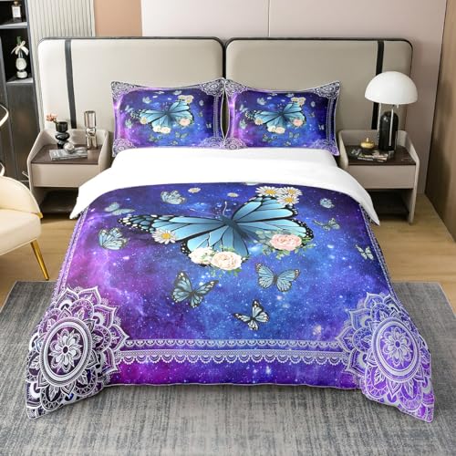 richhome 100% Natur Baumwolle Blumen Schmetterling Bettbezug, Aquarell Galaxy Starry Sky Mandala Bettwäsche Set für Zimmer, Retro Land Bettwäsche mit Reißverschluss Verschluss 135x200 von richhome