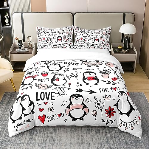 richhome 100% Natur Baumwolle Cartoon Pinguin Bettbezug 200x200,Kawaii Wilde Tiere Hand Draw Graffiti Tröster Bezug, Valentinstag Party Dekor Geschenke Bettwäsche Set von richhome