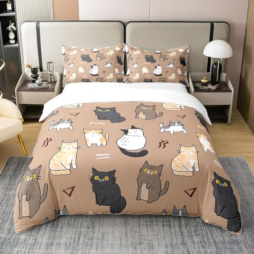 richhome 100% Natur Baumwolle Kinder Katzen Bettbezug, Kawaii Haustier Nette Katzen Bettwäsche Set für Schlafzimmer, Abstrakte Symbole Ganzjahres Bettwäsche mit Reißverschluss Verschluss 135x200 von richhome