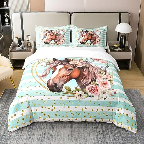 richhome 100% Natur Baumwolle Retro West Horse Bettbezug 135x200,Aquarell Farm Tier Blumen Rustikaler Stil Tröster Bezug, Goldene Punkte Blau Weiß Geometrie Streifen Bettwäsche von richhome