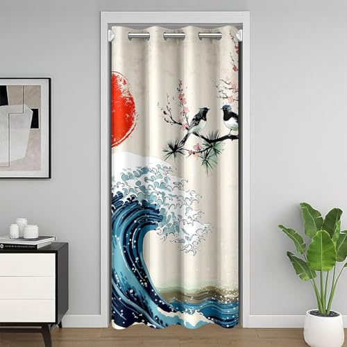 richhome Baum Meer Wellen mit Sunrise Tür Vorhang, japanischer Blackout Vorhang 106x203, Ukiyoe Ocean Doorway Vorhang für Wohnzimmer Dekoration von richhome