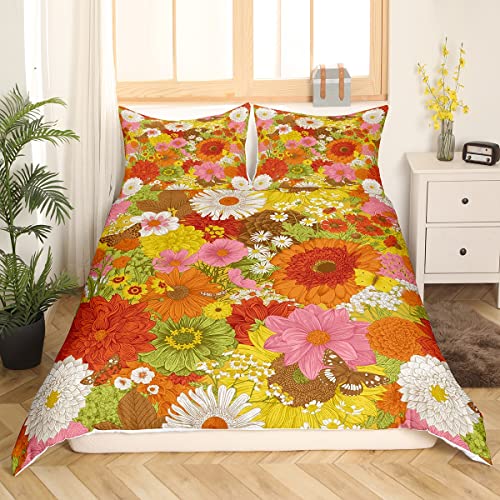 richhome Bunte Blumen Bettbezug 135x200 70er Jahre Groovy Daisy Vintage Floral Butterfly Bettwäsche Set Rustikale Garten Hippie Quilt Cover mit 1 Kissenbezüge von richhome