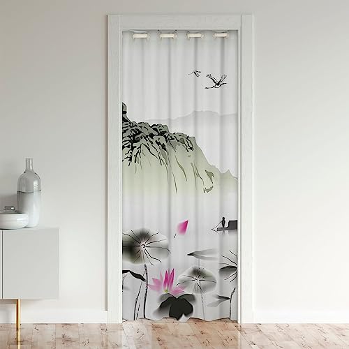 richhome Chinesischer Türvorhang für Privatsphäre, Lotus Blatt Blume Weiß Kran Türvorhang 106x203, Tinte Waschen Malerei Tür für Schrank Tür 1 Panel von richhome