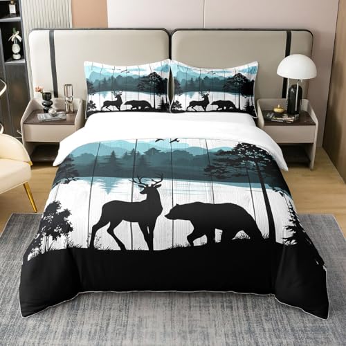 richhome Hirsch Bär Silhouette 100% Natur Baumwolle Bettbezug 200x200, Rustikale Bettwäsche Set, Dschungel Camping Tröster Abdeckung Bettwäsche (kein Tröster) von richhome