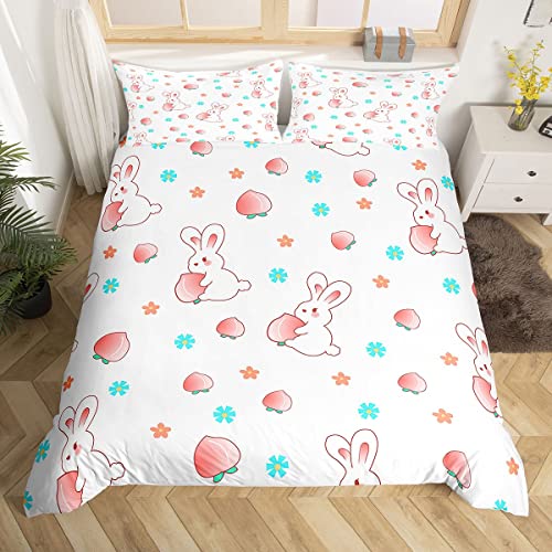 richhome Kawaii Kaninchen Bettwäsche-Set,Rosa Pfirsich Schöne Frucht Bettwäsche Set 135x200cm,Cartoon Tier Blumen Betten Set für Kinder Mädchen Teenager 2St.Reißverschluss Mikrofaser von richhome