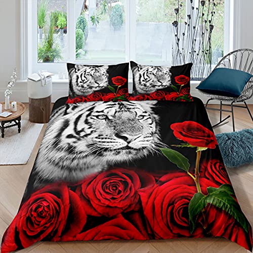 richhome Tiger mit Rose Bettwäsche-Set Wildlife Animal Theme Bettwäsche Set 135x200cm Blume Rote Blume Betten Set für Kinder Jungen Mädchen Teenager 2St.Bettbezug von richhome