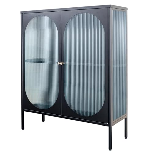 Riess Ambiente Moderne Vitrine Paris 110cm schwarz Gold Riffelglas Metall Sideboard Schrank, stylische Anrichte für Dein Wohnzimmer von Riess Ambiente