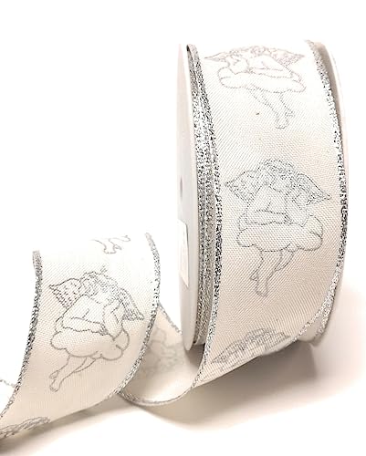 Schleifenband 20m x 40mm Cremeweiß - Silber Engel Weihnachten Weihnachtsband Dekoband Geschenkband [8857] von s.dekoda