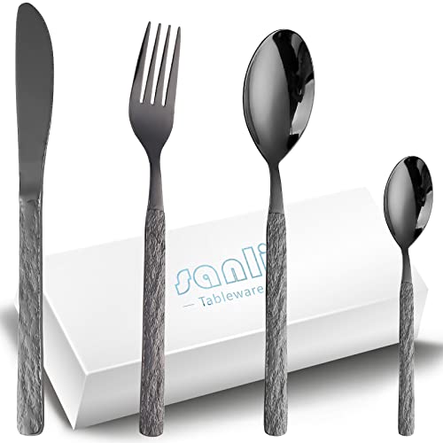 Besteck Set Schwarz 6 Personen Modern,SANLI 24 Teilig Edelstahl Messer Gabel Löffel Steinmuster Griff Besteckset，Spülmaschinenfest. von sanli