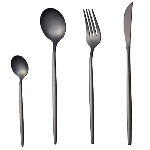 Schwarz Matt Besteck Set Für 6 Personen,SANLI Edelstahl Dünn Griff 24 Pcs Messer Gabel Löffel Flatware Set,Spülmaschinenfest. von sanli