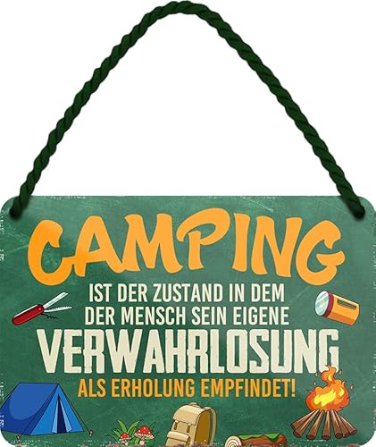 schilderkreis24 - Blechschild "Camping - Erholung in der Verwahrlosung" - 18x12 cm - Witziges Metall-Dekoschild für Camper und Outdoor-Fans von schilderkreis24