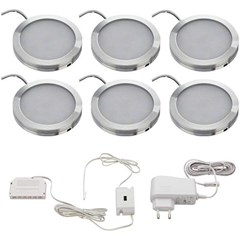 SEBSON LED Schrankleuchte 6er Set, berührungslos dimmbar, IR Sensor, warmweiß 3000K, 6x 2W, 6x 130lm, Unterbauleuchten rund, ultra flach 8mm, Alu von SEBSON