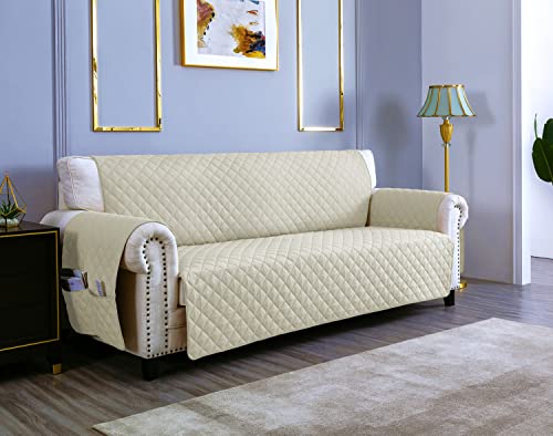 sevi's Sofabezug 4 Sitzer 220cm, Sesselschoner Wasserdicht Reversibel mit Auflage, Geeignet für alle Sofas - Weiße Creme von sevi's