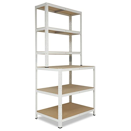 shelfplaza® 190x90x60cm Home Werkbank Regal Schwerlast weiß mit 6 Böden à 145kg Tragkraft/Metall Schwerlast Steckregal Schwerlastregal Stufenregal Metall Regalsystem/Regale Lagerregale von shelfplaza